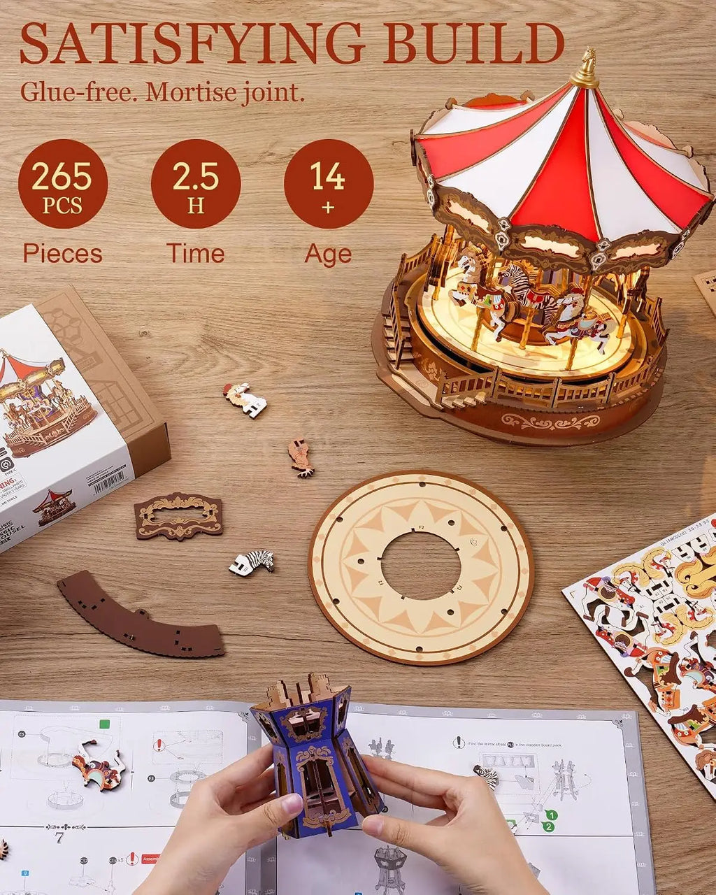 Kit Puzzle 3D en Bois Carrousel à Musique LED