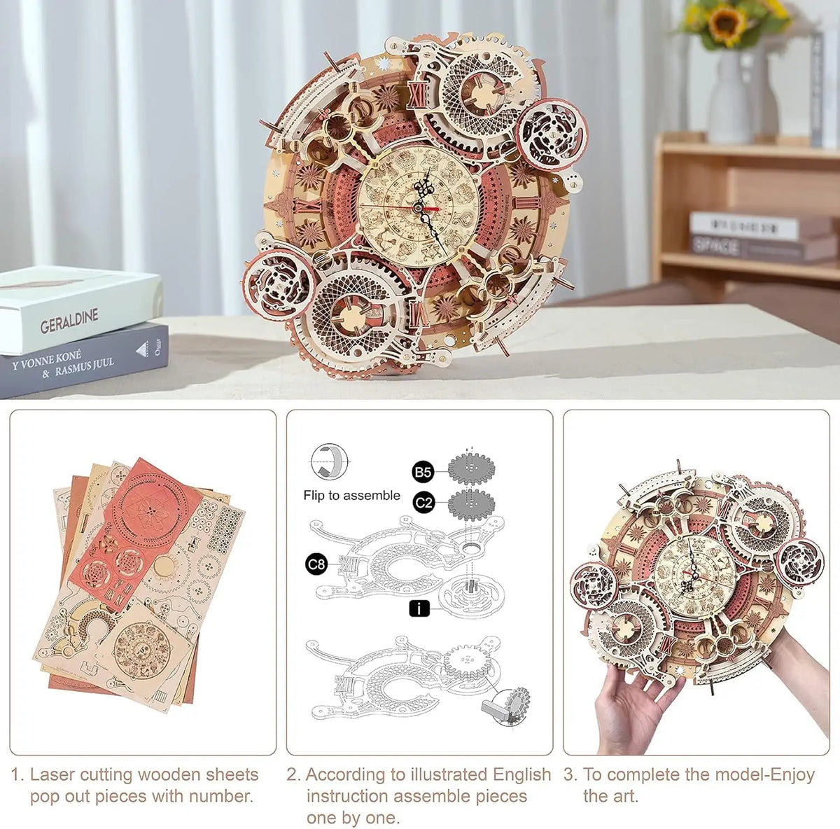 Horloge murale mécanique en bois, puzzle 3D – photo 7
